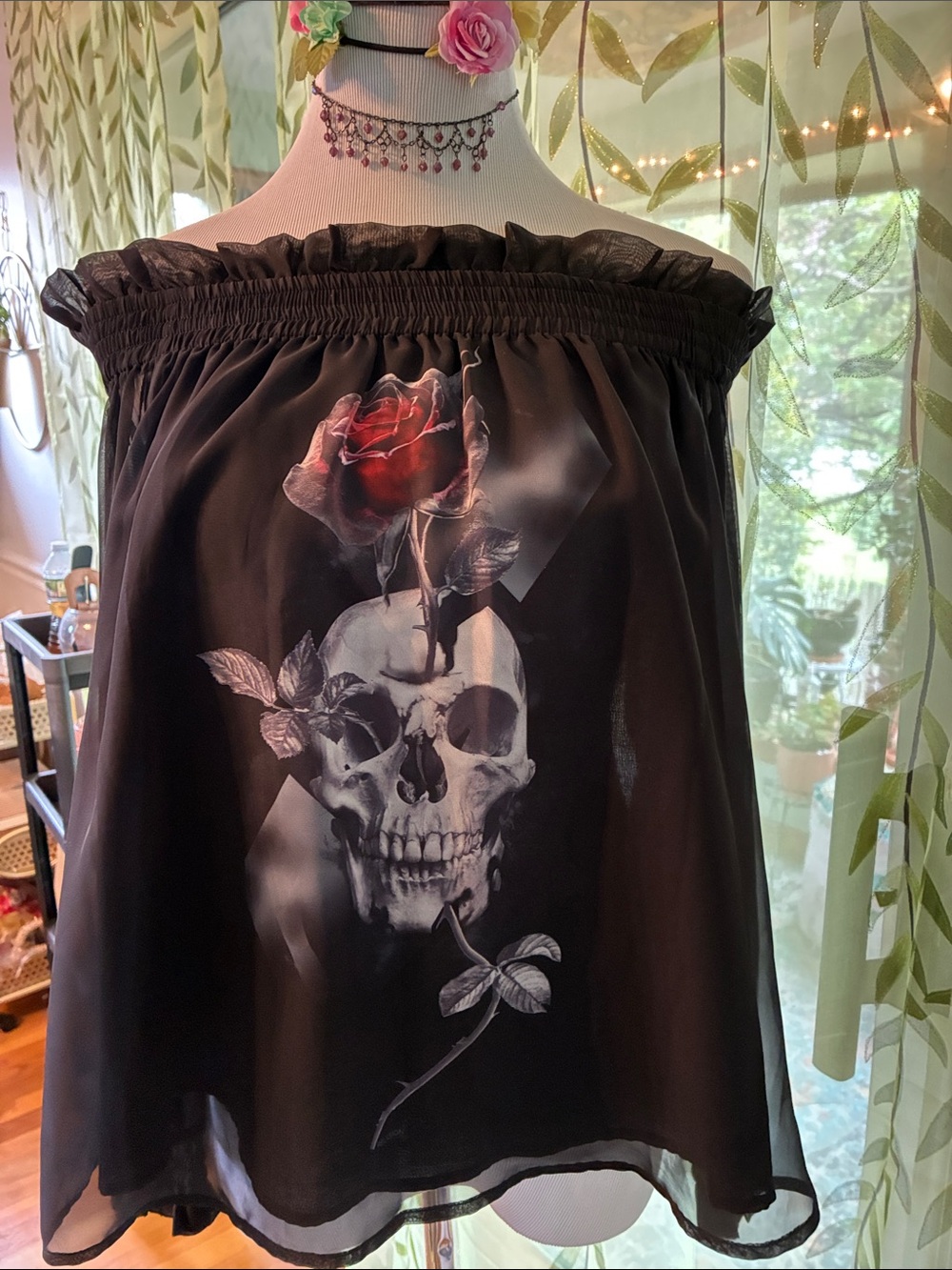 Black Off-Shoulder Blouse with Skull & Red Rose Graphic